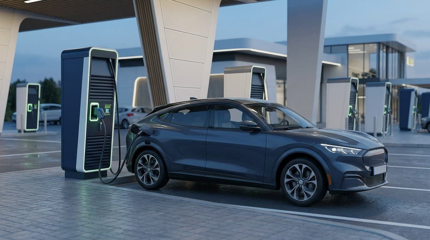 Voiture électrique en recharge sur une station haute puissance, avec plusieurs bornes alignées au second plan.