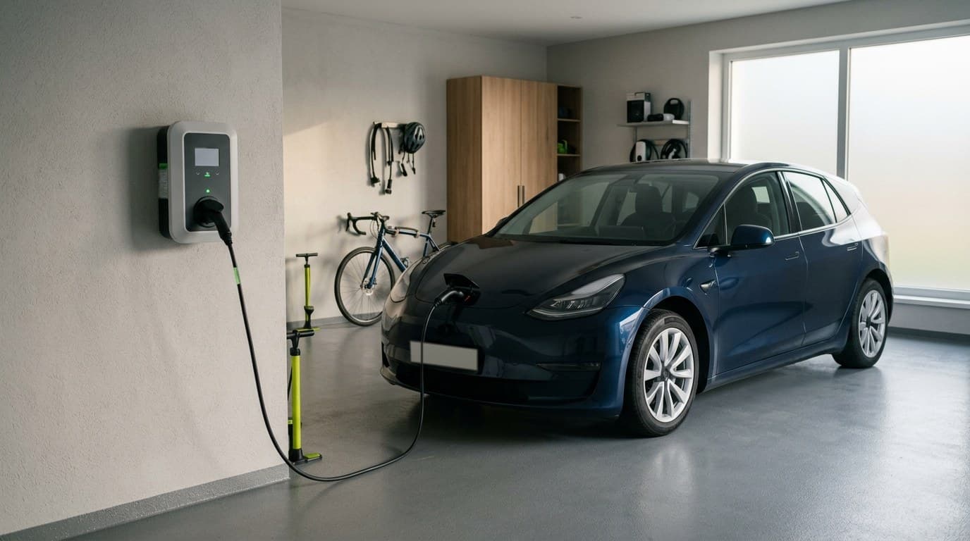 Voiture électrique branchée à une wallbox murale dans un garage résidentiel, avec un vélo posé contre le mur du fond.